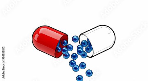 Open red and white capsule spilling out shiny blue spherical contents