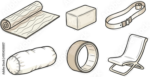 Rolled up mat, bolster, block, and wheel present various Pilates or stretching activity.