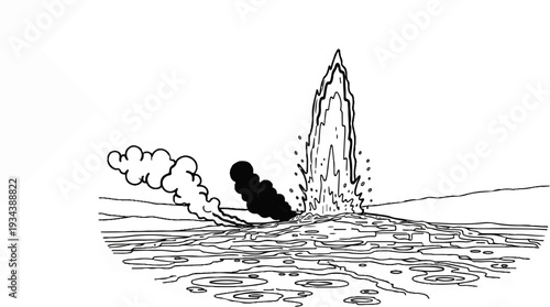 Geyser erupting, spewing water and steam into the sky over a barren landscape