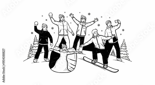 Friends enjoy winter activities like snowball fights and snowboarding outdoors