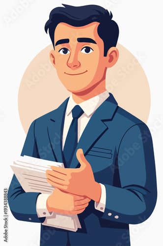 uomo vestito giacca e cravatta con documenti in mano assistente ufficio segretario del lavoro vettoriale