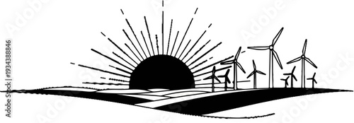 Black silhouette of a sun rising over rolling hills with wind turbines