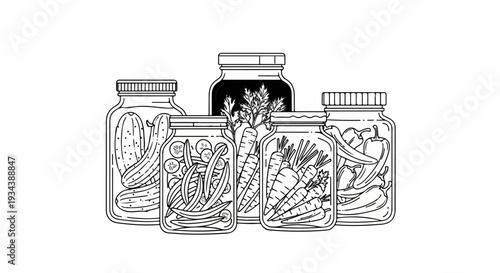 Five glass jars filled with preserved vegetables, including cucumbers, peppers, and carrots