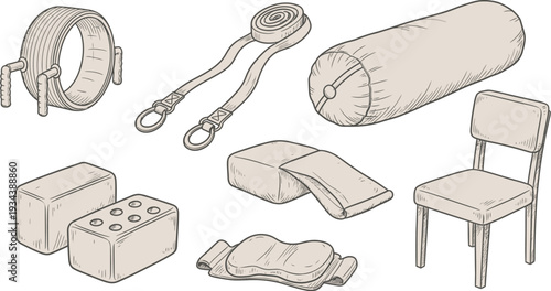 Assortment of rehabilitation and physical therapy props includes yoga blocks, straps,.
