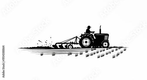 Silhouette of a farmer driving a tractor, plowing a field