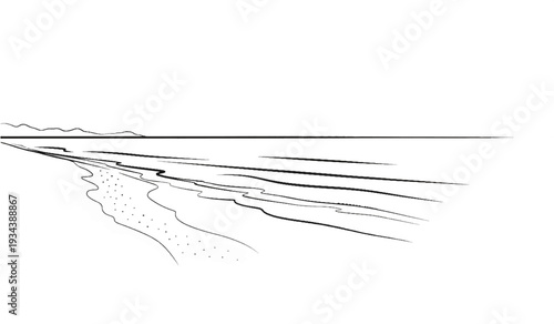 Simple sketch of a beach with wavy ocean lines and distant hills
