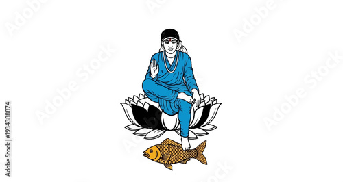 Person in blue attire sits on a lotus with a fish beneath