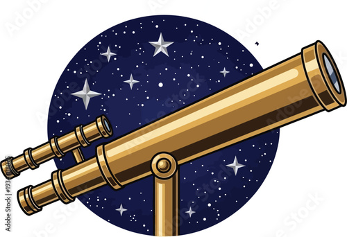 Classic brass refracting telescope points towards a deep blue night sky full of bright stars.