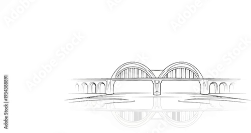 Sketch of a bridge with arches spanning across water, reflected below