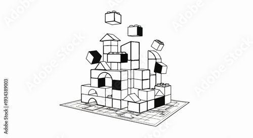 Sketch of stacked building blocks suspended mid-air and on a base
