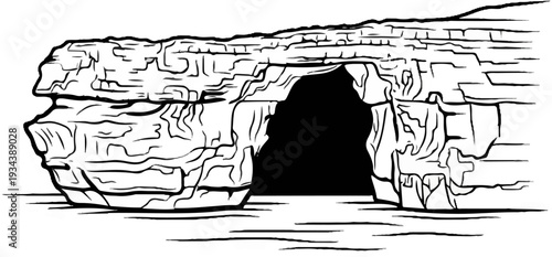 Stark line drawing of a dark, cavernous rock archway with textured stone