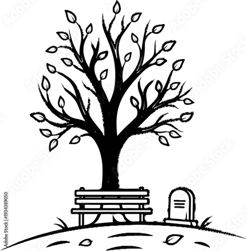 Stylized bare tree with a bench and a tombstone, evoking reflection