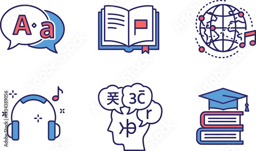 Language learning icons represent global education, translation, and auditory comprehension.