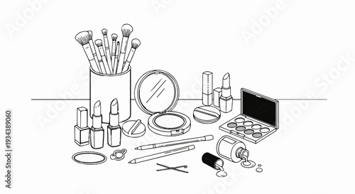 Assorted makeup items including lipsticks, brushes, and nail polish arranged artfully