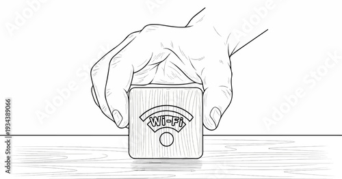 Hands hold a wooden block with a Wi-Fi symbol etched into its surface