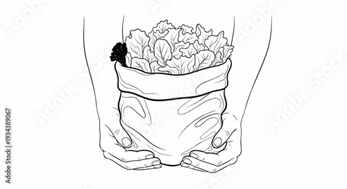 Hands holding a bag filled with leafy green vegetables