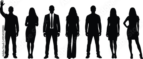 Diverse group of people silhouettes standing together including businessman and woman in casual and formal wear for community recruitment and teamwork concept