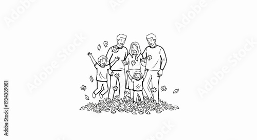 Happy family joyfully playing in autumn leaves, kids jumping