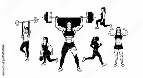 Six women engaged in various strength and cardio exercises