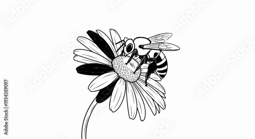 Stylized black and white drawing of a bee collecting nectar from a flower