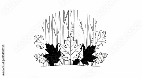 Stylized forest scene with falling autumn leaves and bare tree trunks