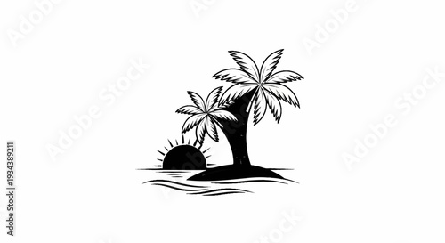 Stylized black and white illustration of a tropical island with palm trees and sunset