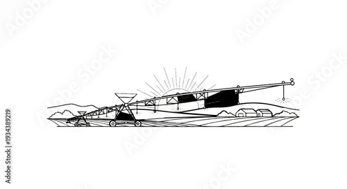 Mechanized farming irrigation system with sunbeams and farm buildings