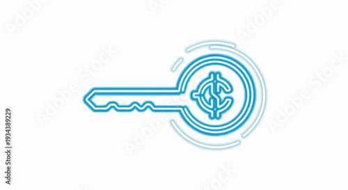 Stylized blue neon key with a dollar sign in its circular head