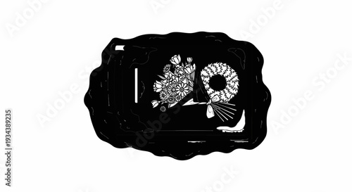 Monochrome composition featuring floral tributes and a sports shoe