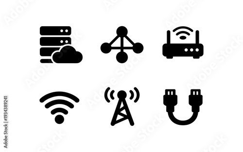 Collection of network and technology icons including cloud server, router, and Wi-Fi signal