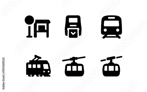 Collection of public transportation icons including a bus stop, ticket machine, train, tram, and cable car