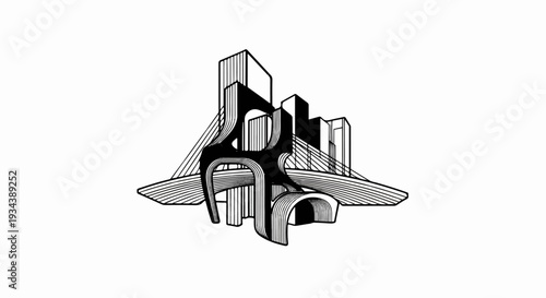 Abstract architectural sculpture with geometric forms and flowing lines