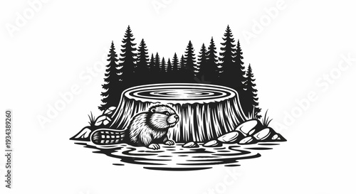 Stylized illustration of a beaver near a tree stump in a forest