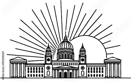 Ornate classical building facade with a dome and sunburst rays above