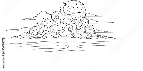 Stylized cloud formation with swirling patterns, stars, and dots over water