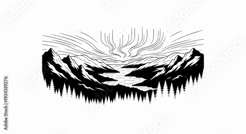Stylized illustration of mountains, lake, trees and aurora borealis