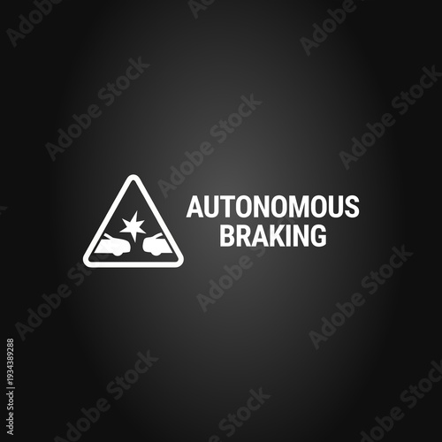 Autonomous braking sign and text on a dark background