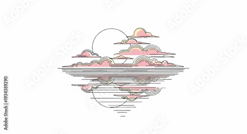Stylized depiction of pink clouds against a circular horizon, reflecting in water