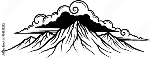 Stylized depiction of sharp mountain peaks shrouded in dramatic, dark clouds