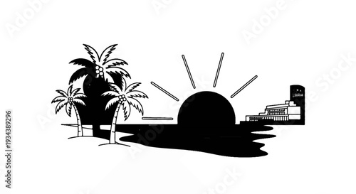 A tropical island scene with palm trees, a setting sun, and a resort