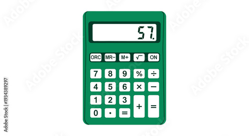 Green calculator with white buttons and display showing 57