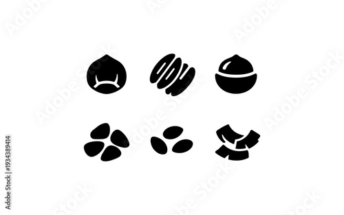 Collection of six different nut icons in black and white, representing various types of nuts