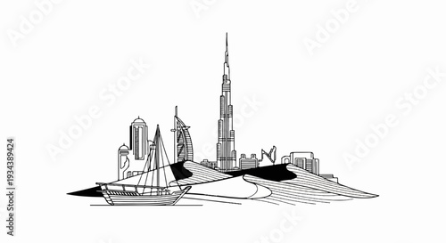 Stylized sketch of a skyline with a boat and sand dunes