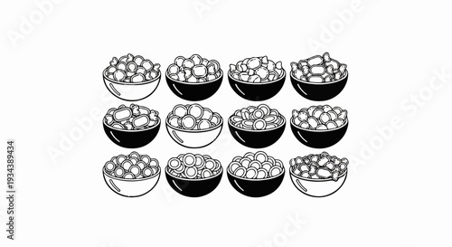 Twelve black bowls filled with various shapes of white cereal or snacks