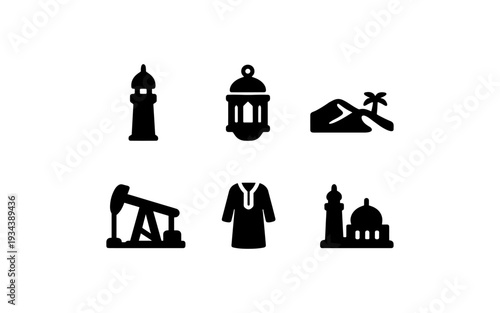 Collection of Islamic and Middle Eastern cultural icons including a mosque, lantern, and desert landscape
