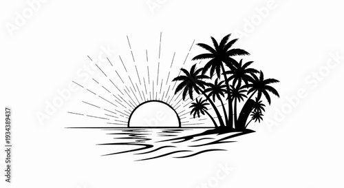 Tropical island sunset with palm trees and sunburst over rippling ocean