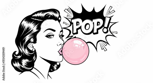 Retro pop art woman blowing a pink bubble gum bubble with POP text