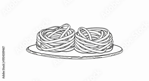 Two pasta nests artfully arranged on a plate, depicted in a line drawing style