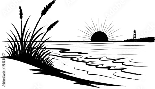 Silhouette of reeds, ocean, and a lighthouse at sunrise on the horizon