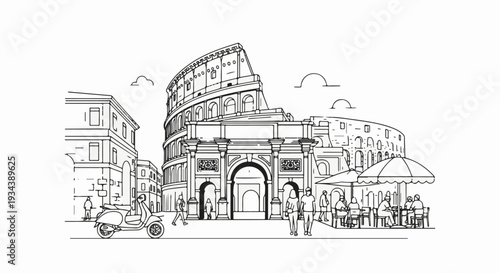 Sketch of ancient amphitheater with arch, buildings, scooter, cafe, people